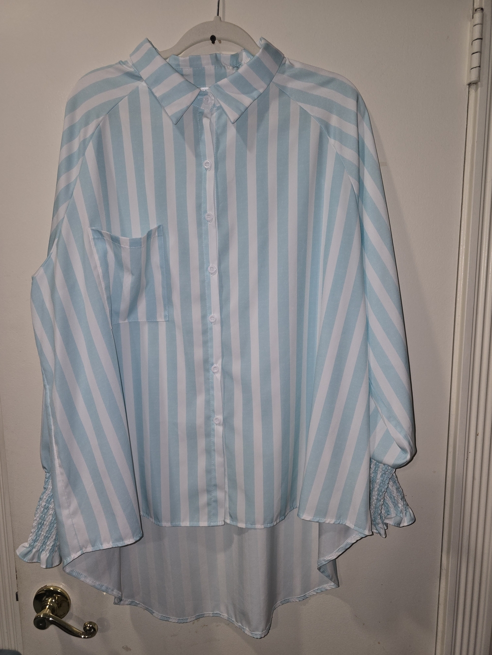 Light Blue and White Striped Button-Up Blouse